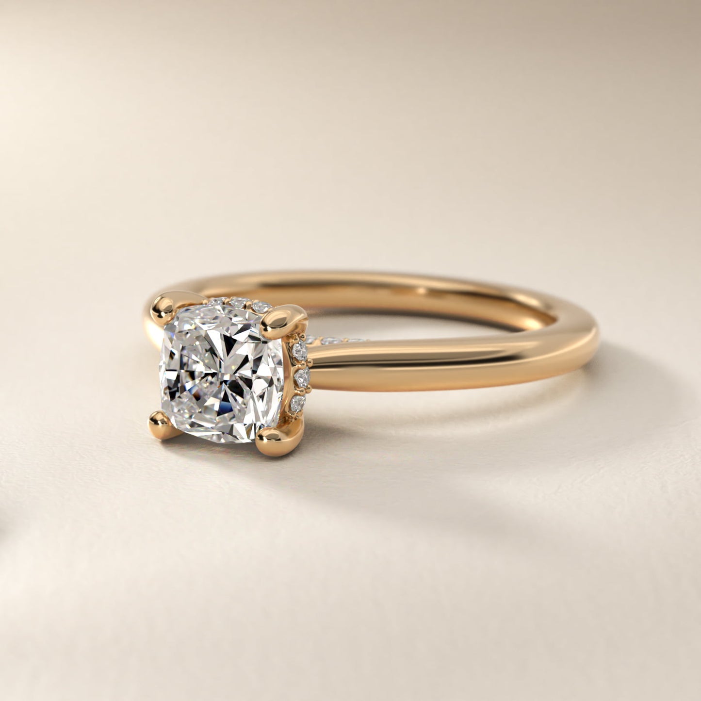 Petite Hidden Halo Solitaire Plus Diamond Engagement Ring in 18k Yellow Gold - Cushion Center