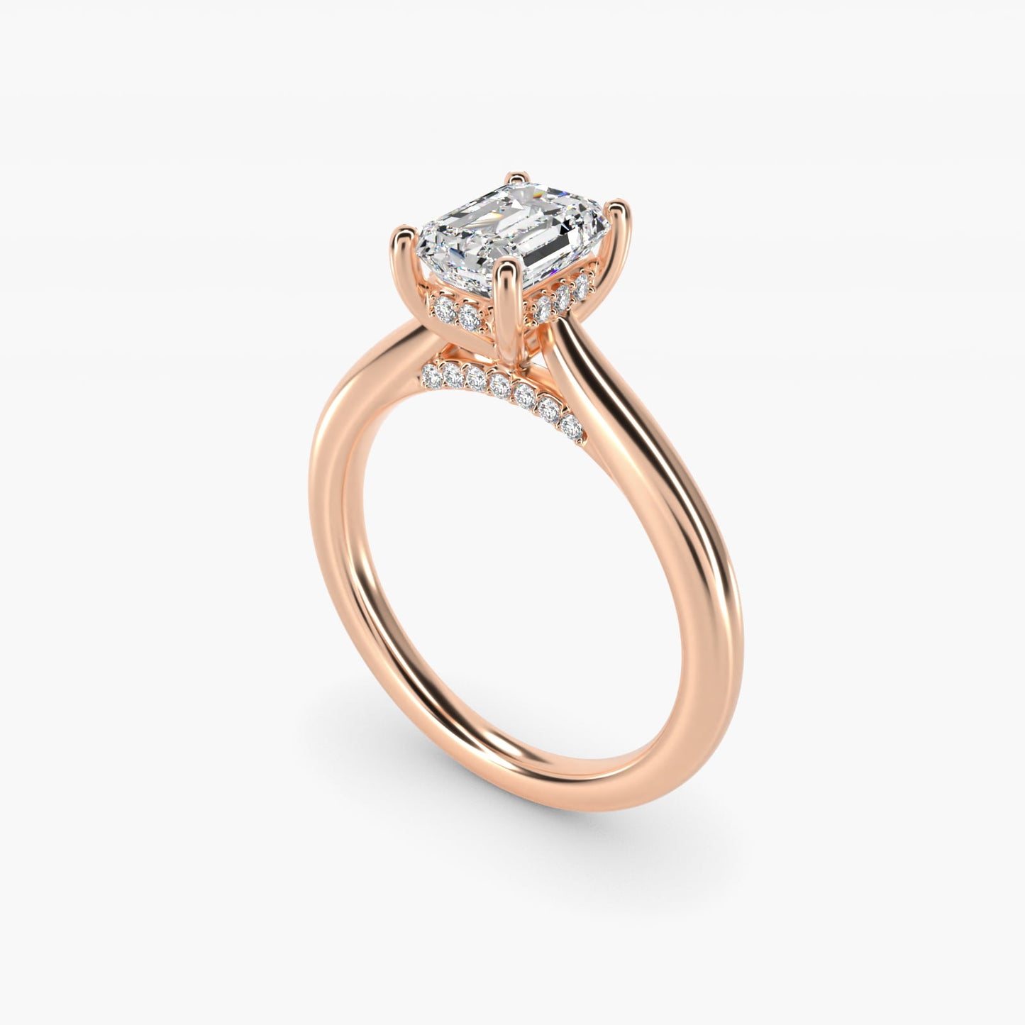Petite Hidden Halo Solitaire Plus Diamond Engagement Ring in 18k Rose Gold - Emerald Center