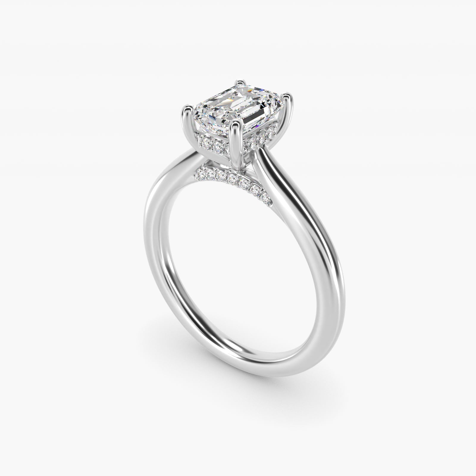 Petite Hidden Halo Solitaire Plus Diamond Engagement Ring in 14k White Gold - Emerald Center