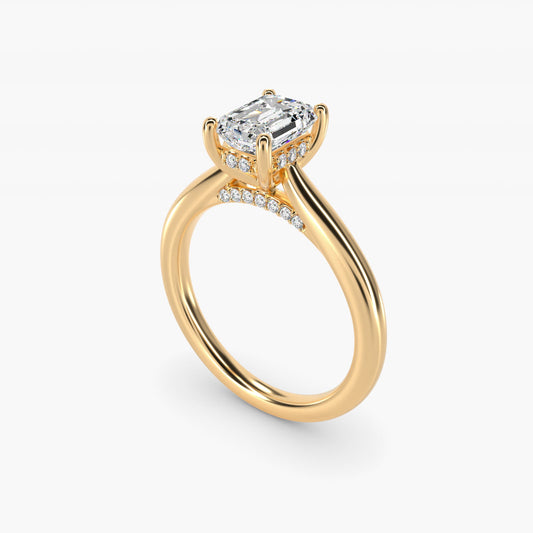Petite Hidden Halo Solitaire Plus Diamond Engagement Ring in 14k Yellow Gold - Emerald Center