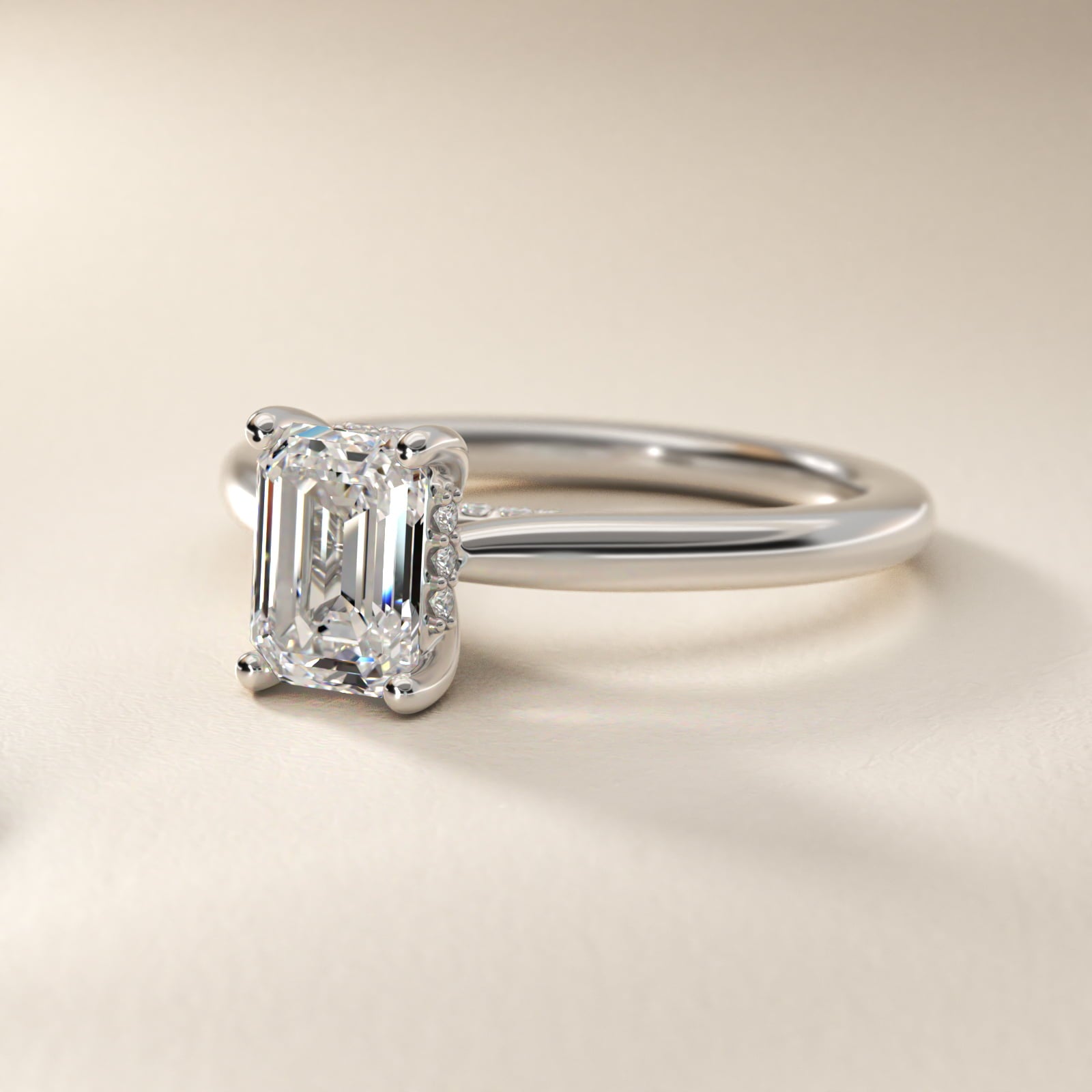 Petite Hidden Halo Solitaire Plus Diamond Engagement Ring in Platinum - Emerald Center