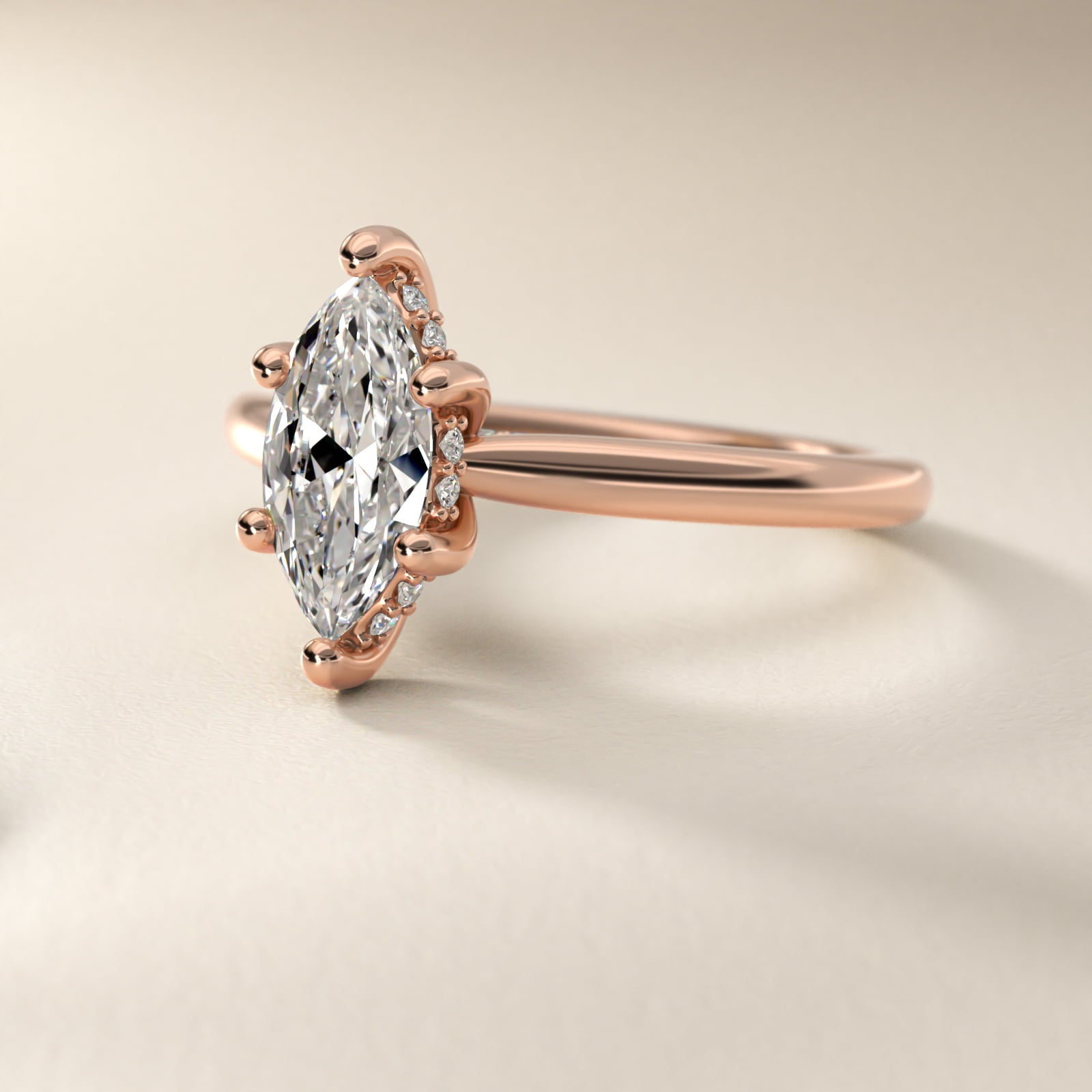 Petite Hidden Halo Solitaire Plus Diamond Engagement Ring in 14k Rose Gold - Marquise Center