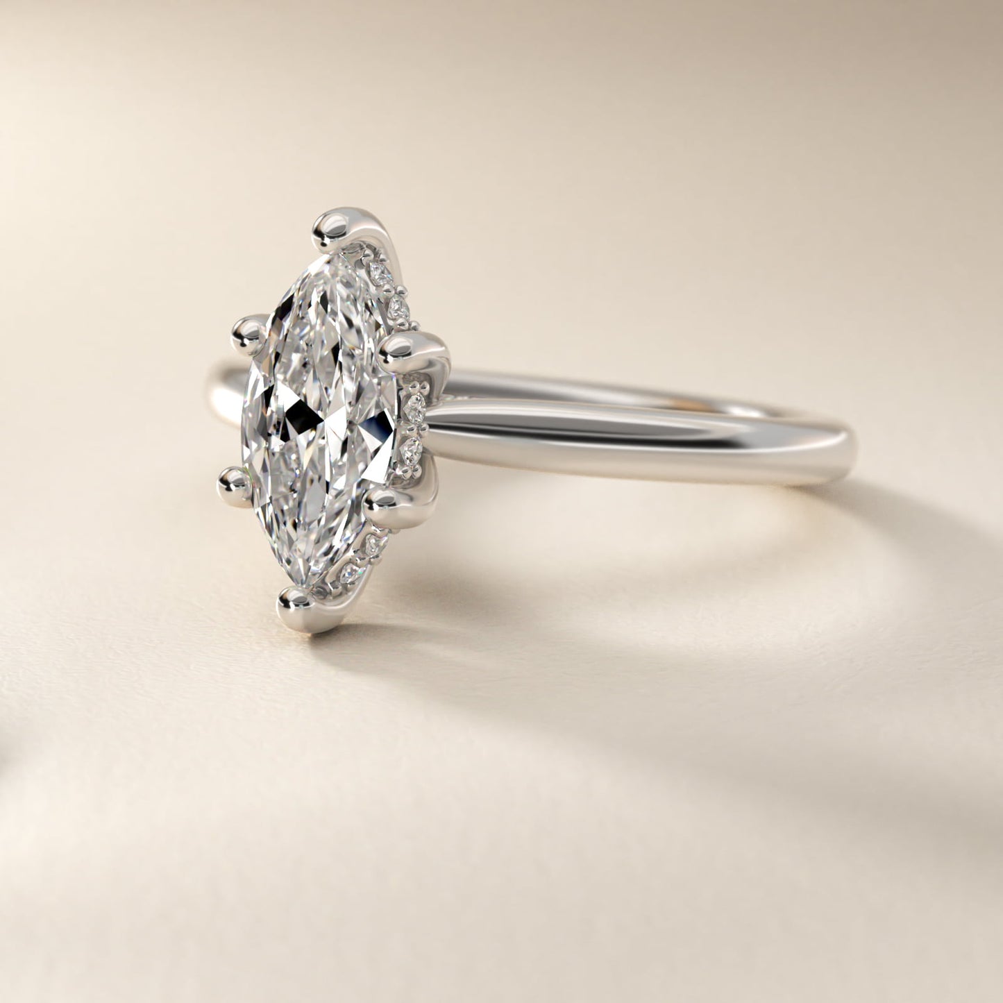 Petite Hidden Halo Solitaire Plus Diamond Engagement Ring in 14k White Gold - Marquise Center