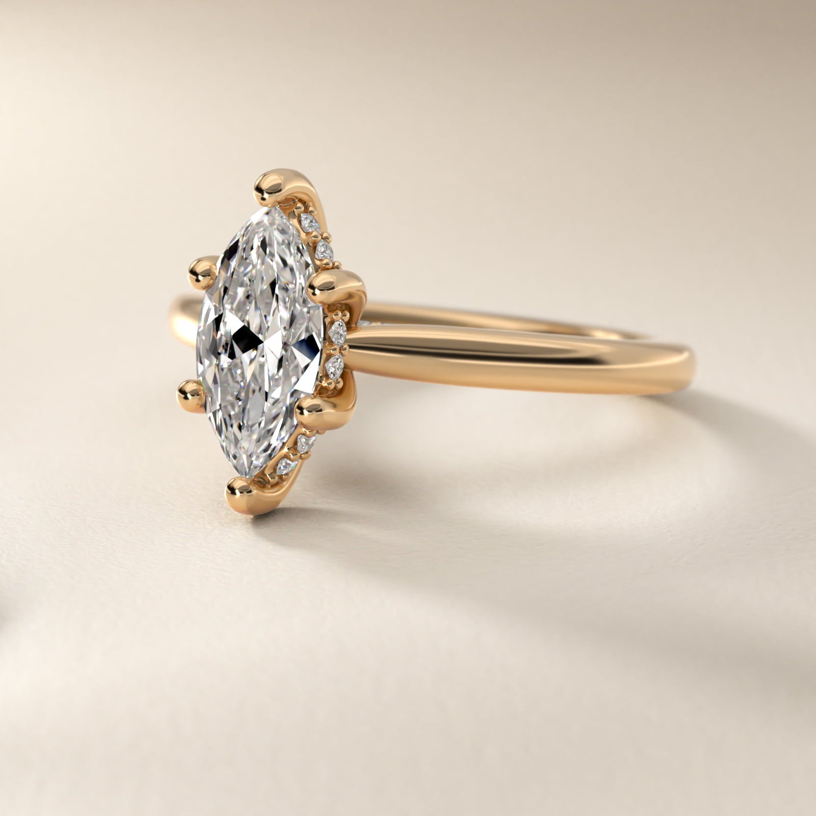 Petite Hidden Halo Solitaire Plus Diamond Engagement Ring in 14k Yellow Gold - Marquise Center