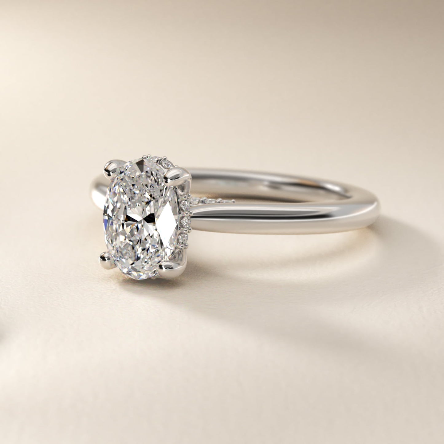 Petite Hidden Halo Solitaire Plus Diamond Engagement Ring in 18k White Gold - Oval Center