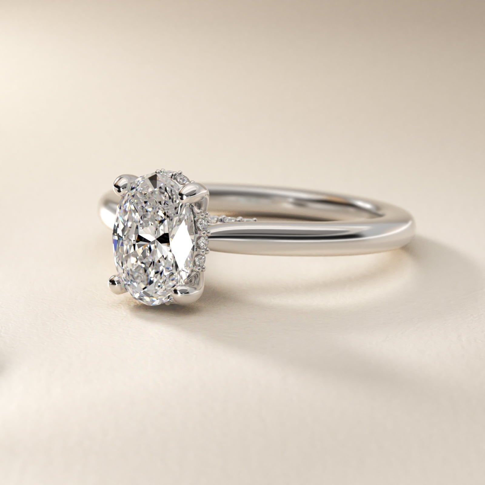 Petite Hidden Halo Solitaire Plus Diamond Engagement Ring in 18k White Gold - Oval Center