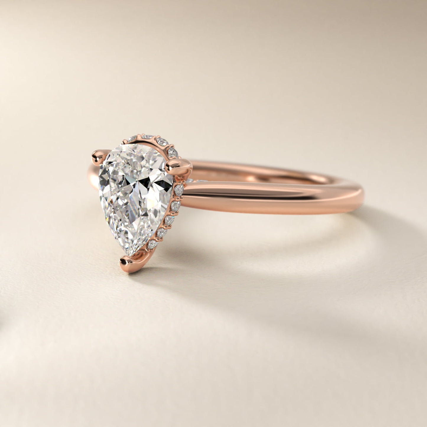 Petite Hidden Halo Solitaire Plus Diamond Engagement Ring in 18k Rose Gold - Pear Center