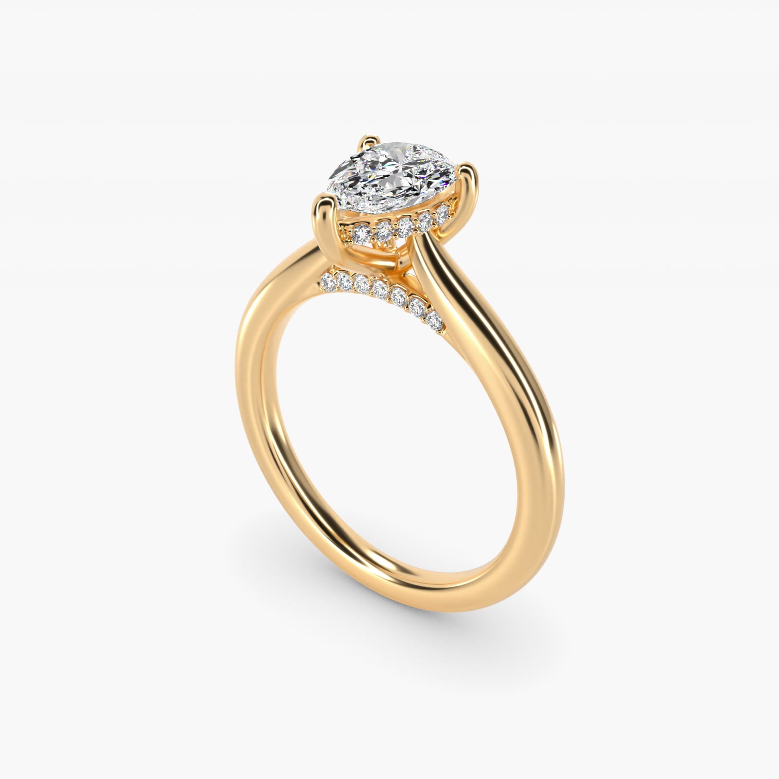 Petite Hidden Halo Solitaire Plus Diamond Engagement Ring in 14k Yellow Gold - Pear Center