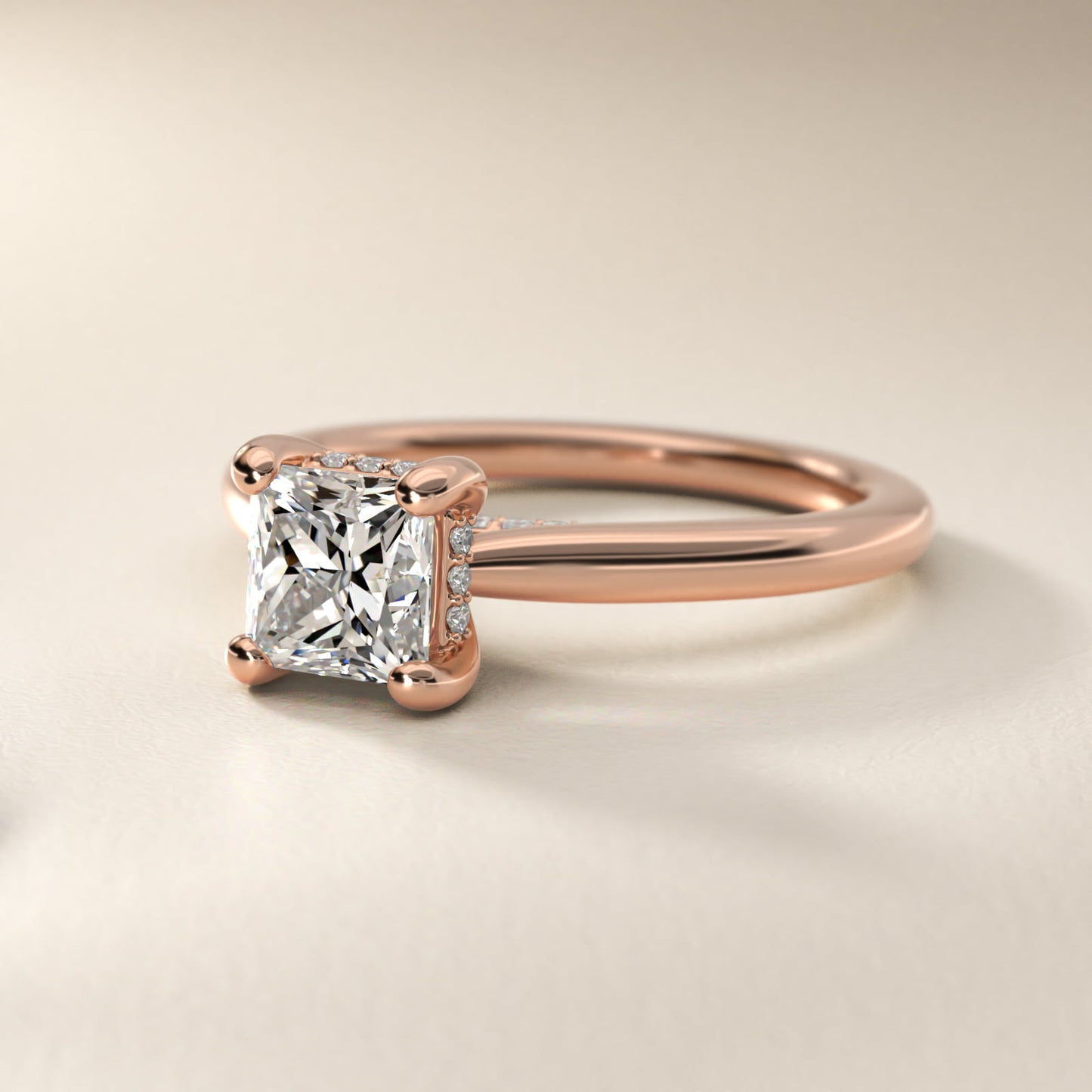 Petite Hidden Halo Solitaire Plus Diamond Engagement Ring in 14k Rose Gold - Princess Center