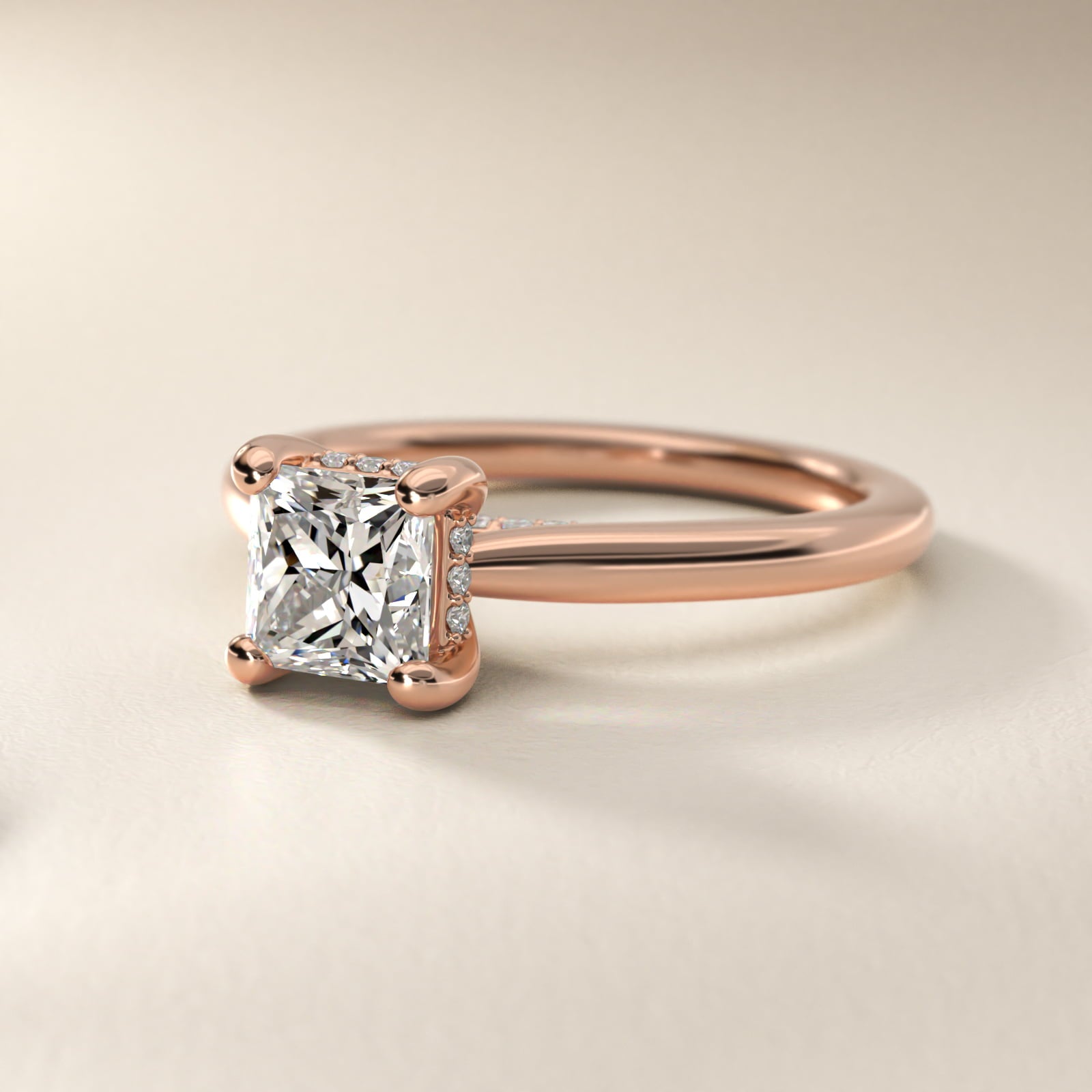 Petite Hidden Halo Solitaire Plus Diamond Engagement Ring in 18k Rose Gold - Princess Center