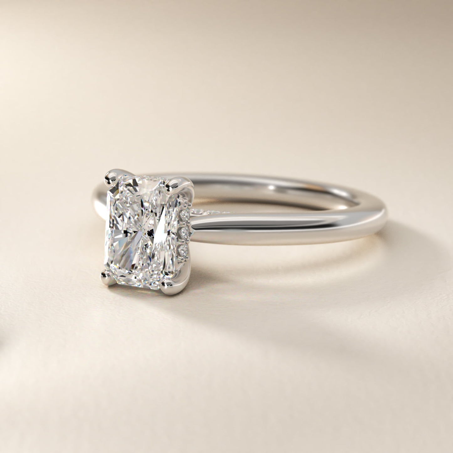 Petite Hidden Halo Solitaire Plus Diamond Engagement Ring in 14k White Gold - Radiant Center