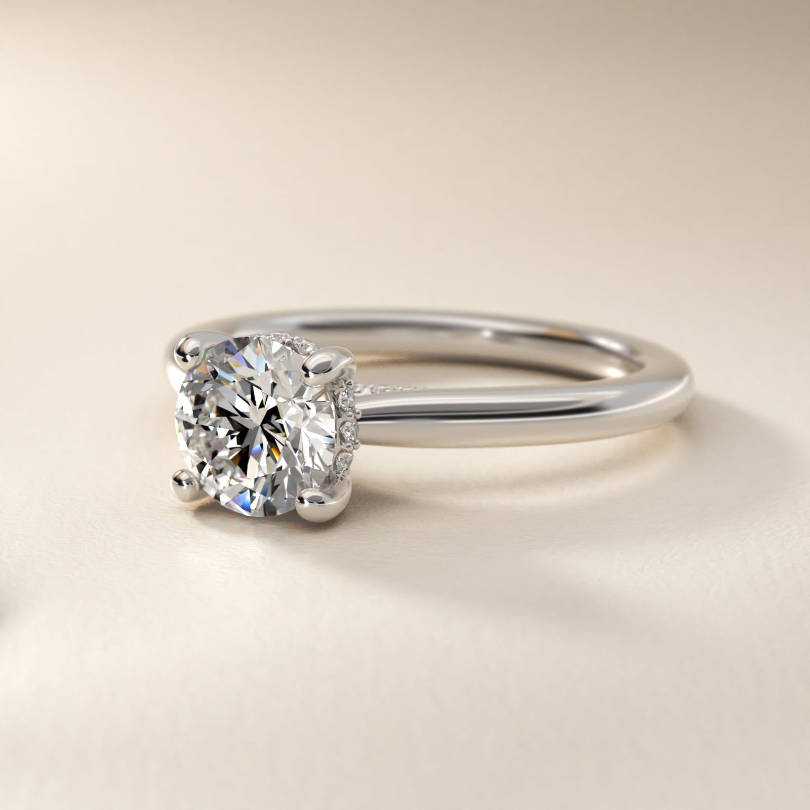 Petite Hidden Halo Solitaire Plus Diamond Engagement Ring in 14k White Gold - Round Center