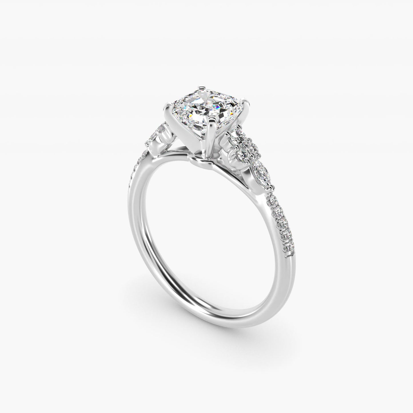 Petite Marquise and Round Diamond Engagement Ring in 14k White Gold - Asscher Center