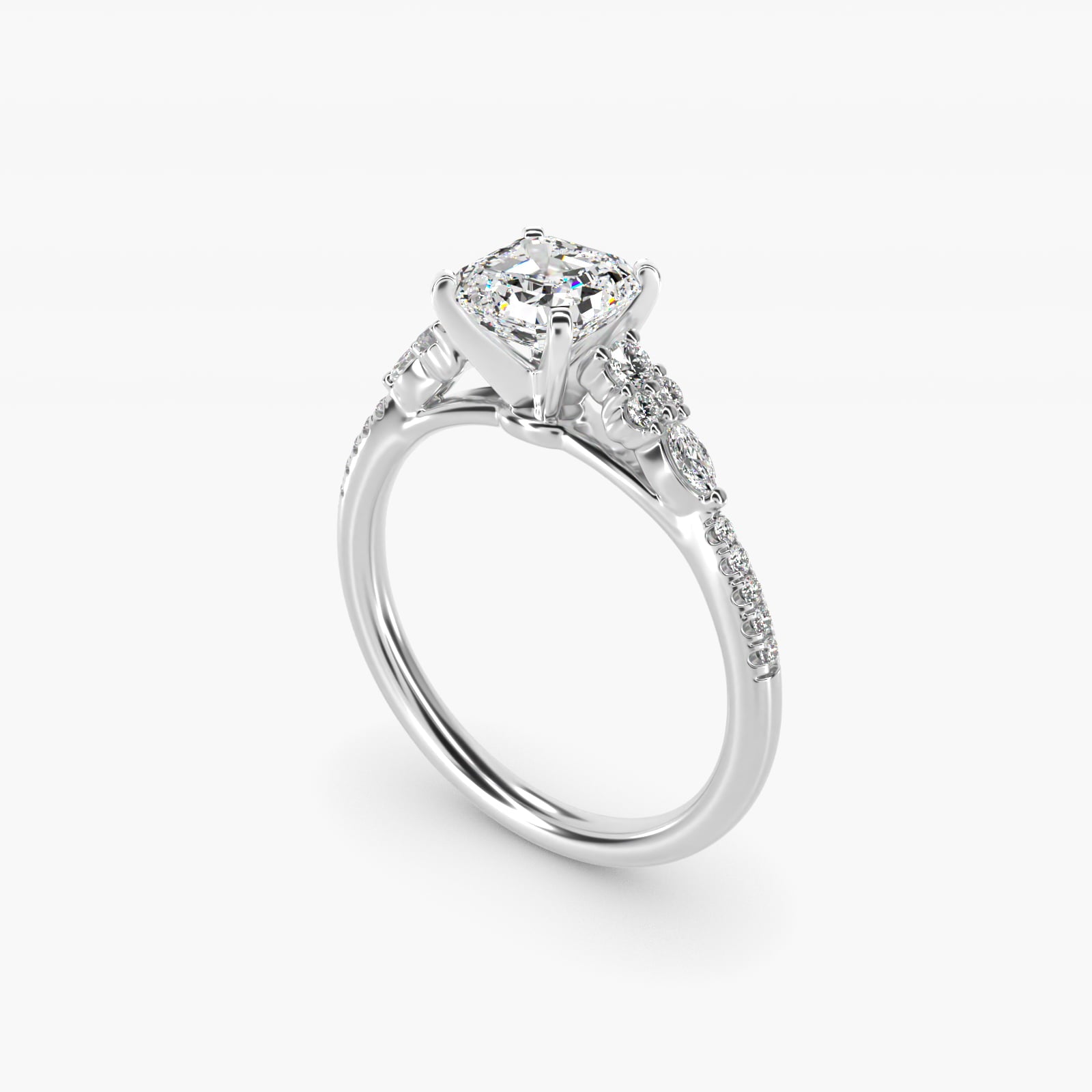 Petite Marquise and Round Diamond Engagement Ring in 14k White Gold - Asscher Center