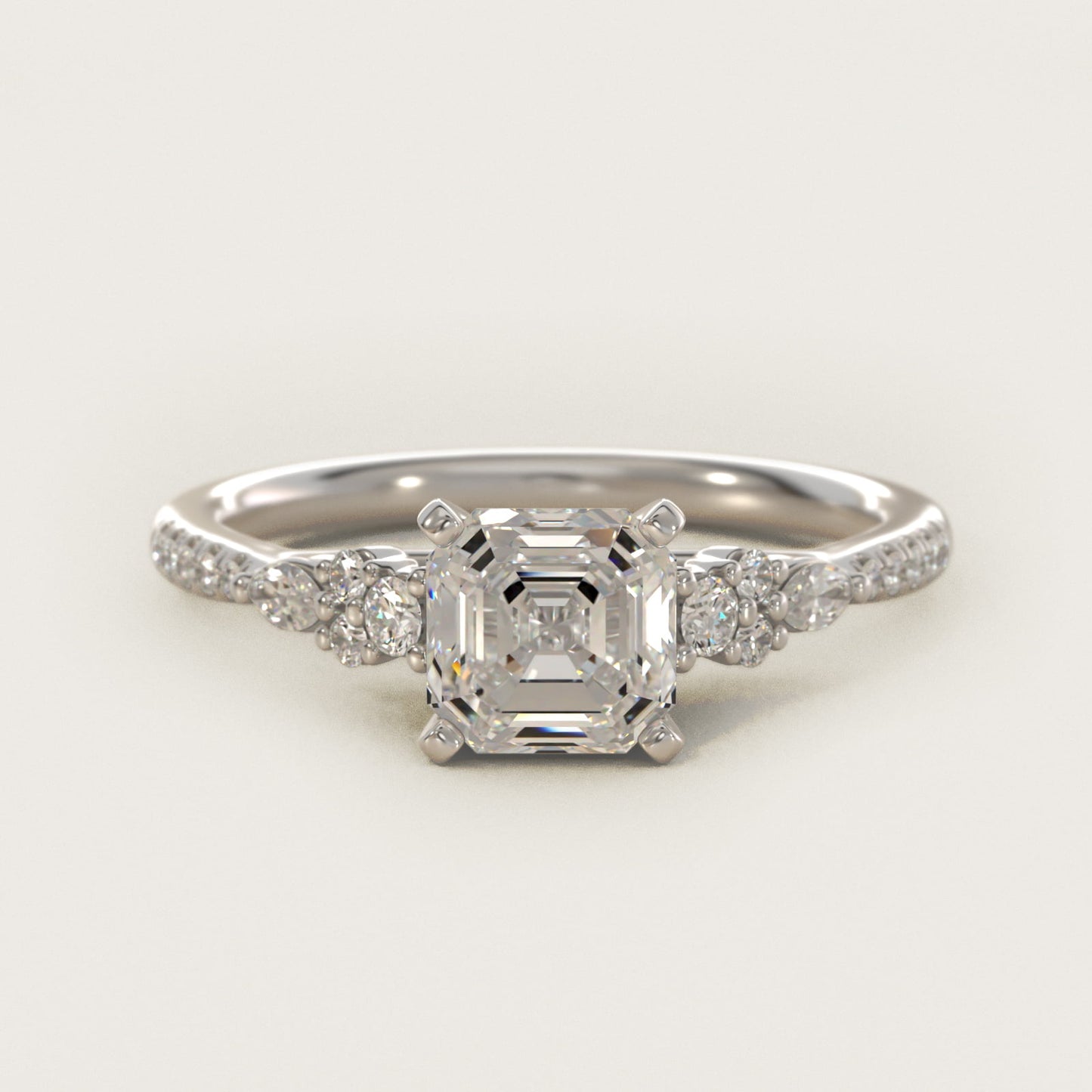 Petite Marquise and Round Diamond Engagement Ring in 14k White Gold - Asscher Center