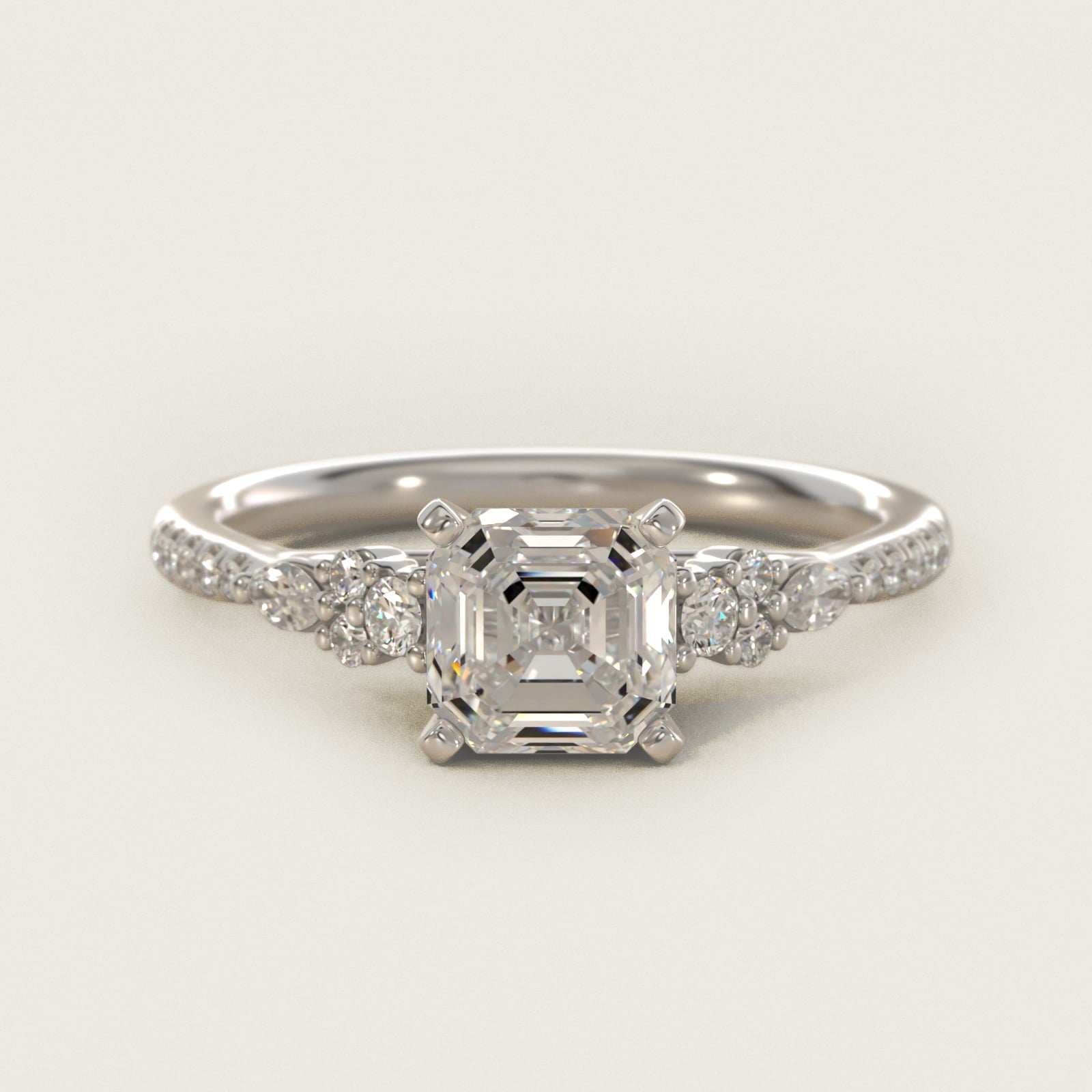 Petite Marquise and Round Diamond Engagement Ring in 14k White Gold - Asscher Center