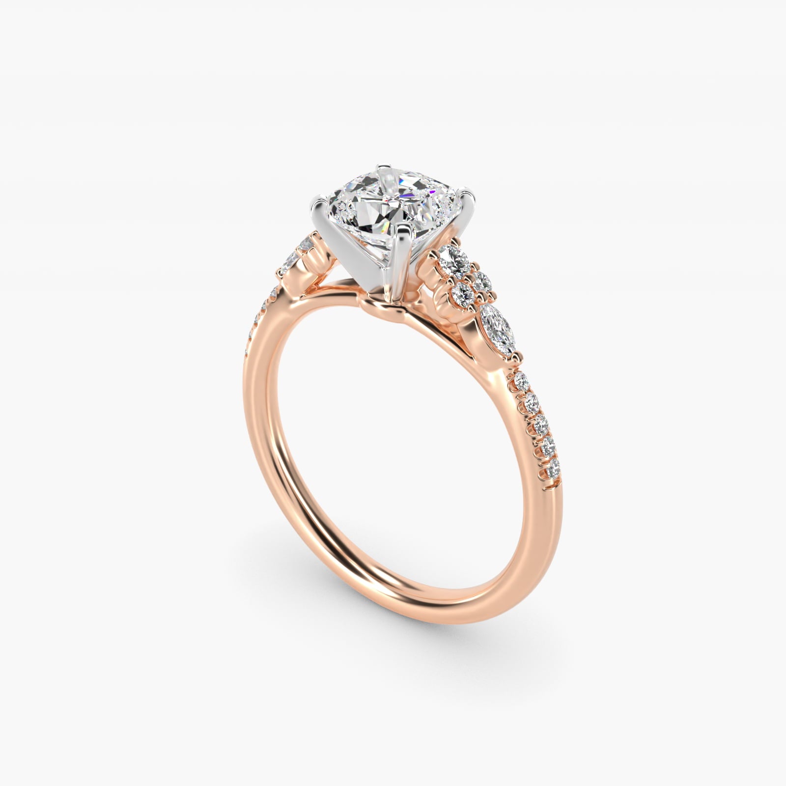 Petite Marquise and Round Diamond Engagement Ring in 14k Rose Gold - Cushion Center