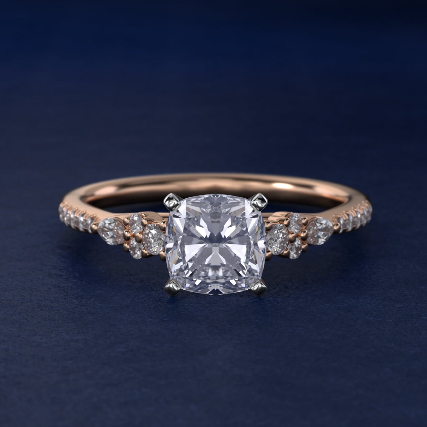 Petite Marquise and Round Diamond Engagement Ring in 14k Rose Gold - Cushion Center