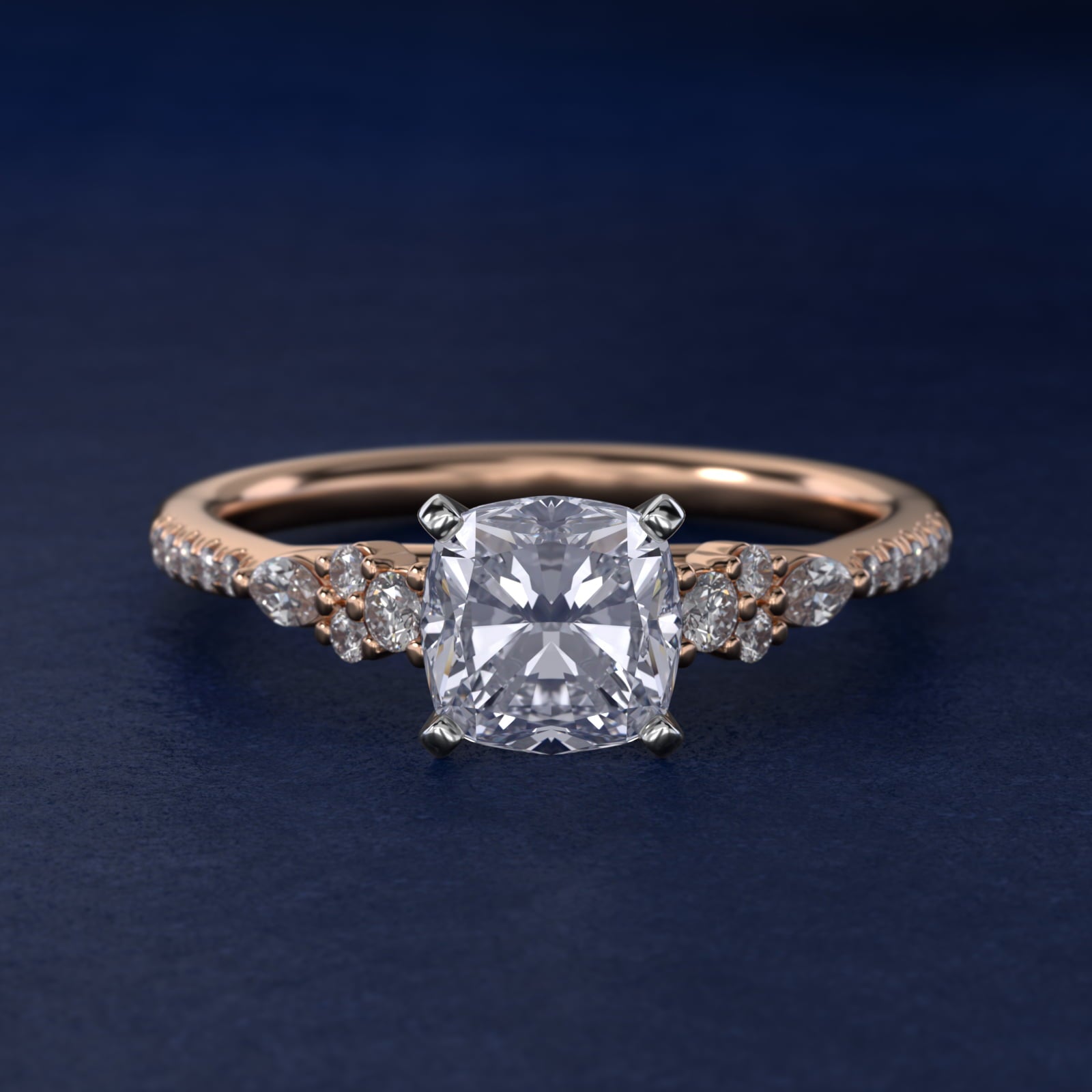Petite Marquise and Round Diamond Engagement Ring in 14k Rose Gold - Cushion Center