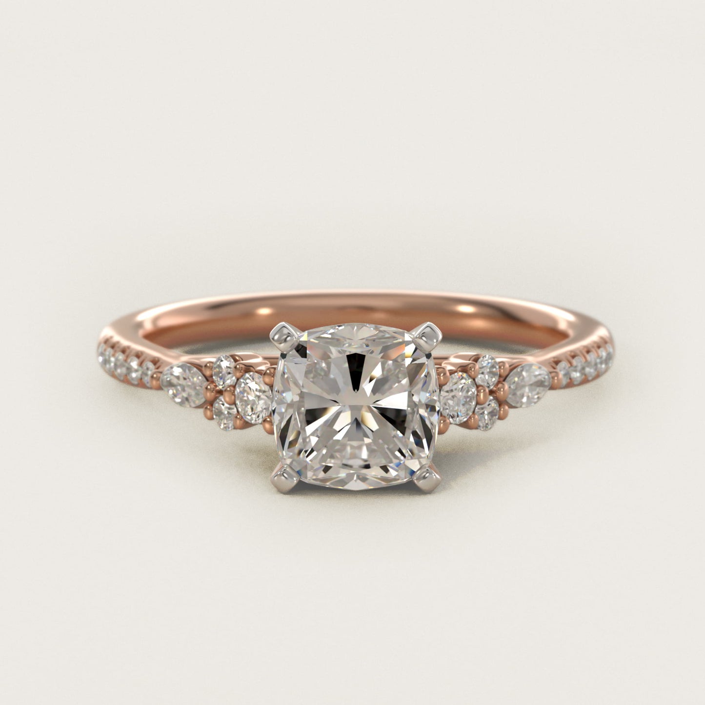 Petite Marquise and Round Diamond Engagement Ring in 14k Rose Gold - Cushion Center