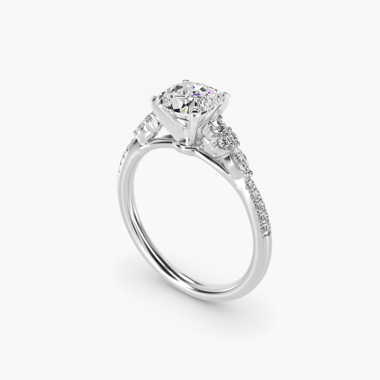 Petite Marquise and Round Diamond Engagement Ring in 14k White Gold - Cushion Center