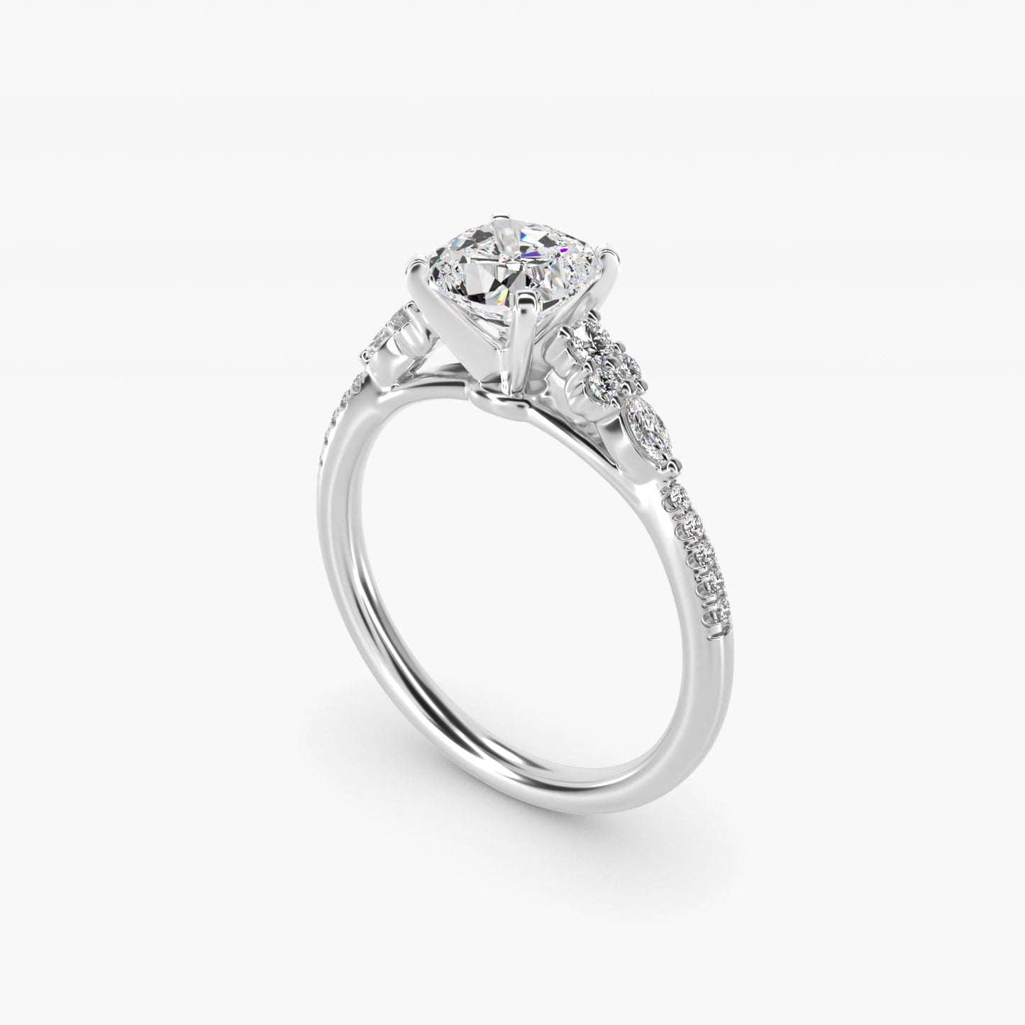 Petite Marquise and Round Diamond Engagement Ring in 18k White Gold - Cushion Center