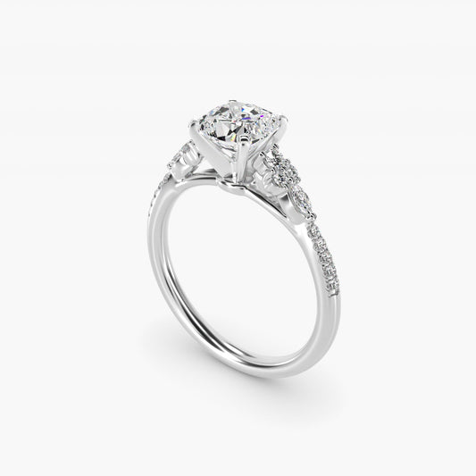 Petite Marquise and Round Diamond Engagement Ring in 18k White Gold - Cushion Center