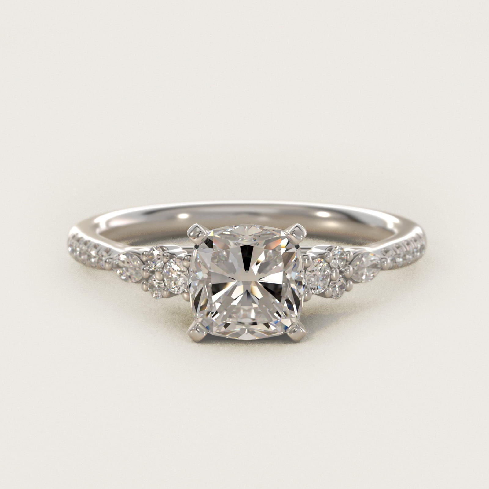 Petite Marquise and Round Diamond Engagement Ring in 14k White Gold - Cushion Center