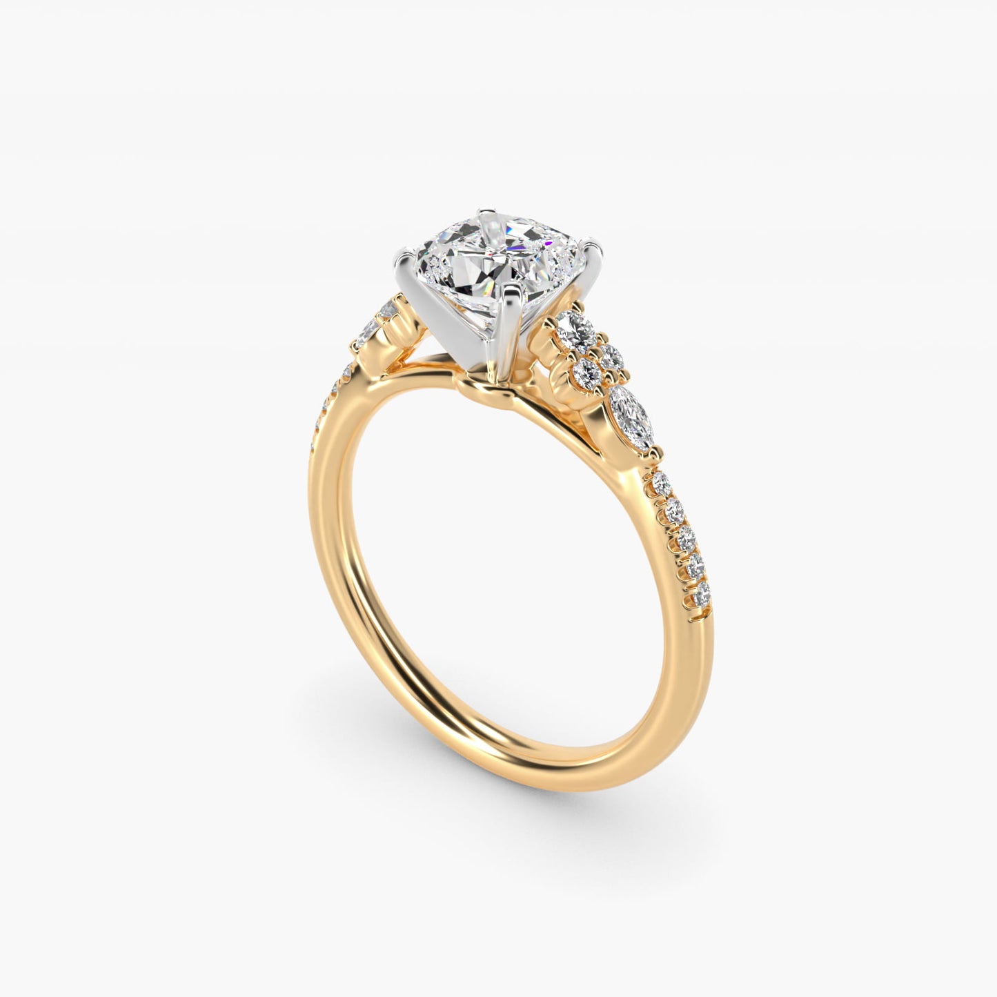 Petite Marquise and Round Diamond Engagement Ring in 14k Yellow Gold - Cushion Center