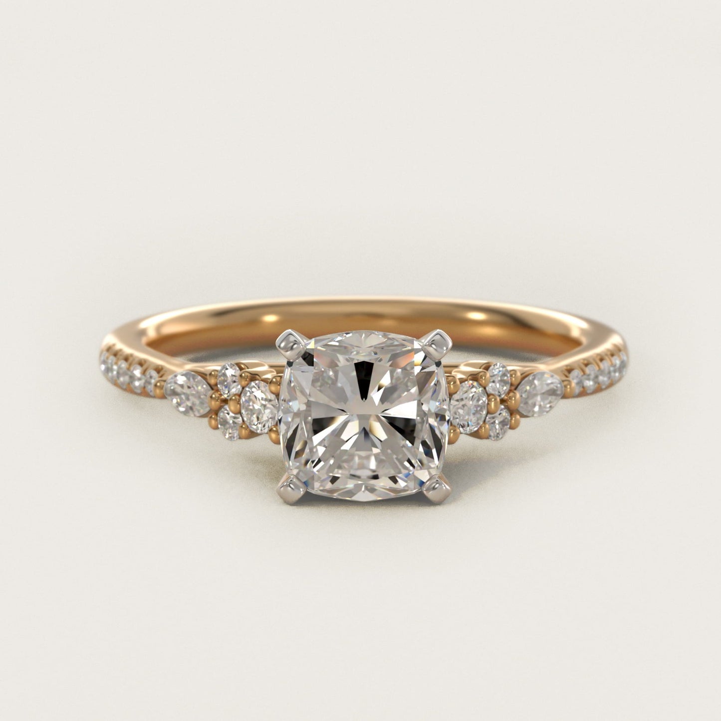 Petite Marquise and Round Diamond Engagement Ring in 18k Yellow Gold - Cushion Center
