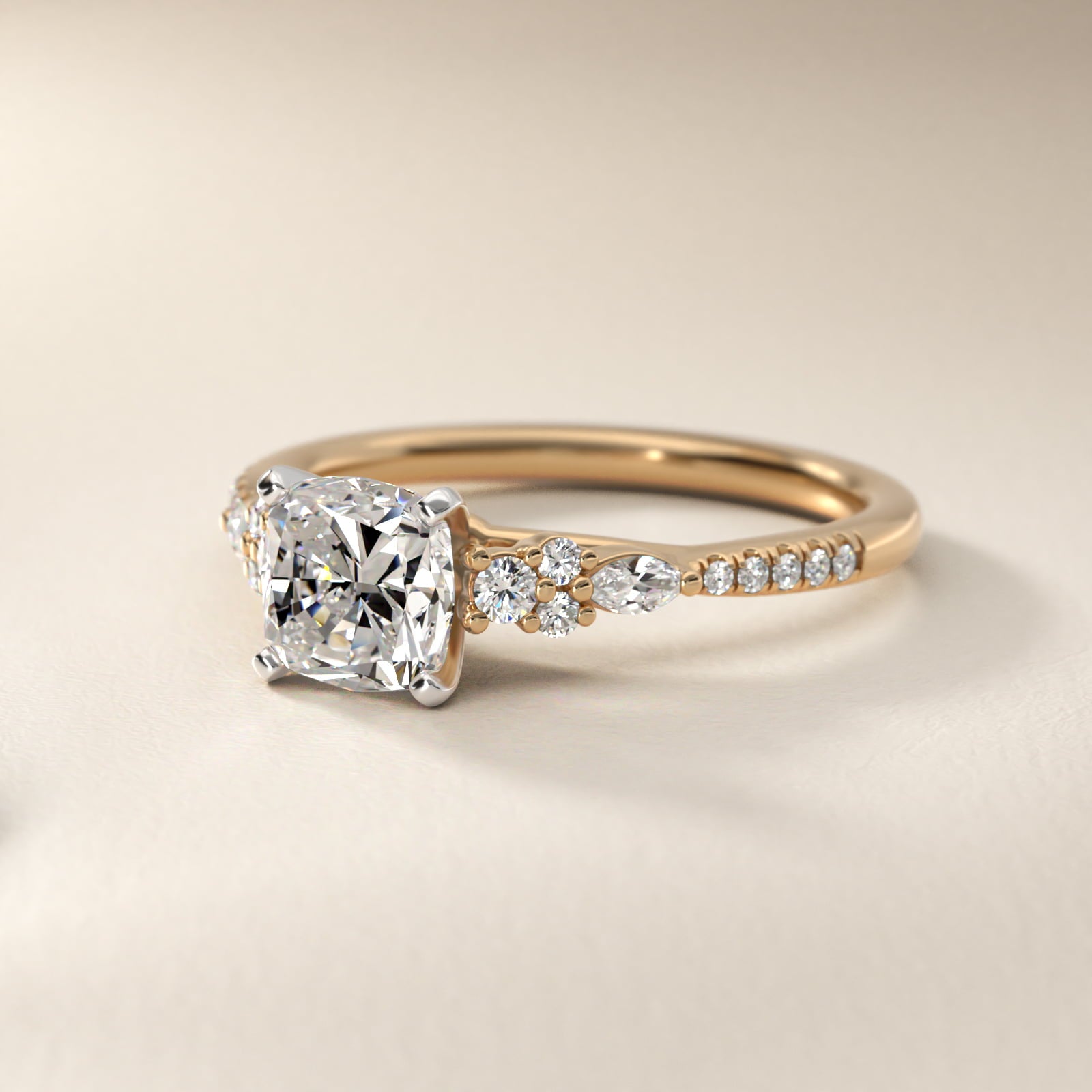Petite Marquise and Round Diamond Engagement Ring in 14k Yellow Gold - Cushion Center
