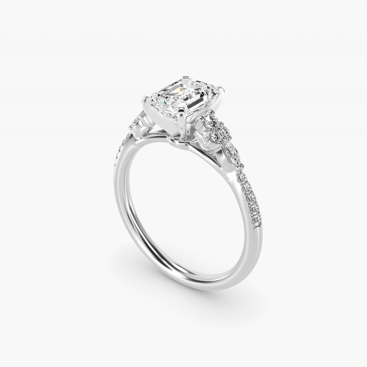 Petite Marquise and Round Diamond Engagement Ring in 14k White Gold - Emerald Center