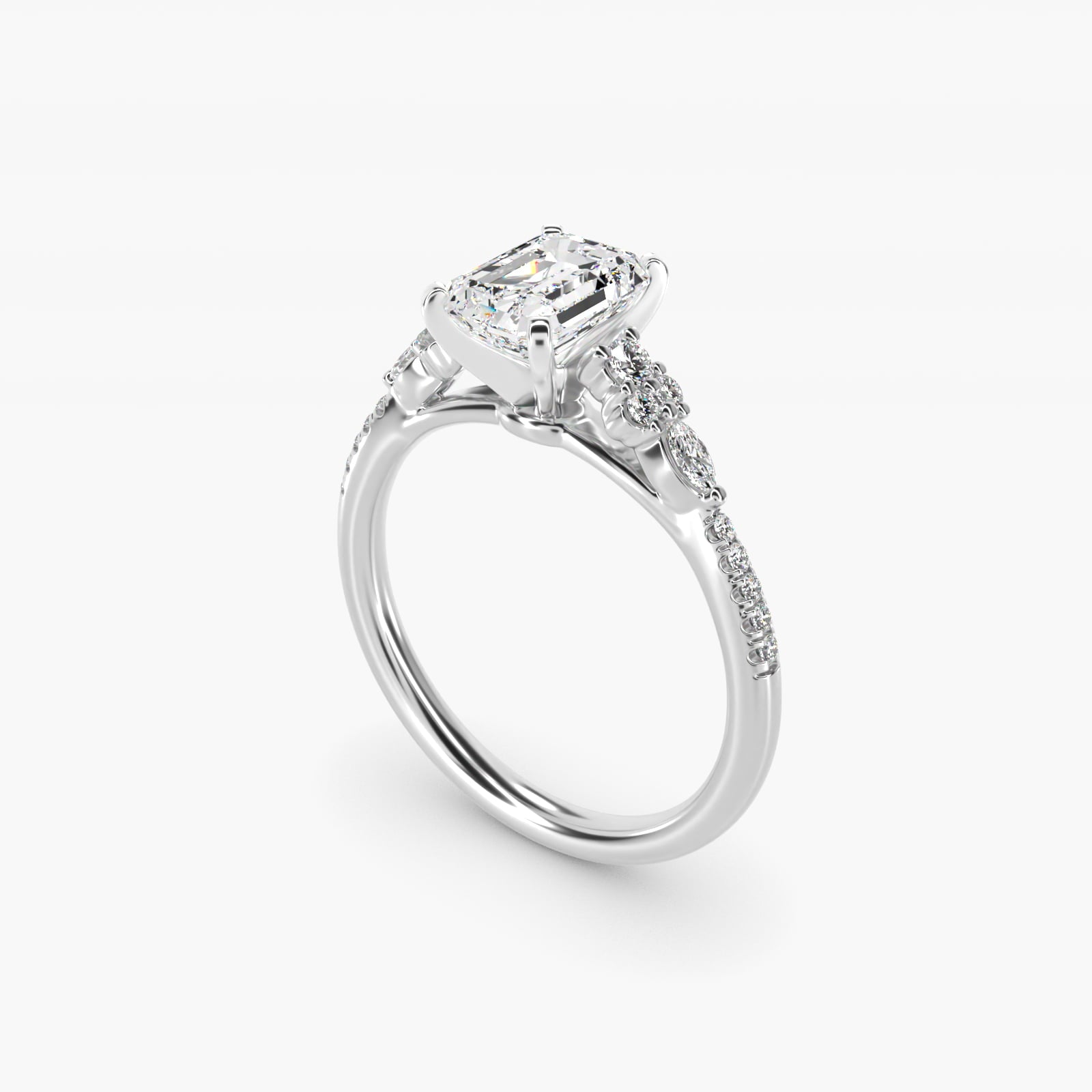 Petite Marquise and Round Diamond Engagement Ring in 18k White Gold - Emerald Center