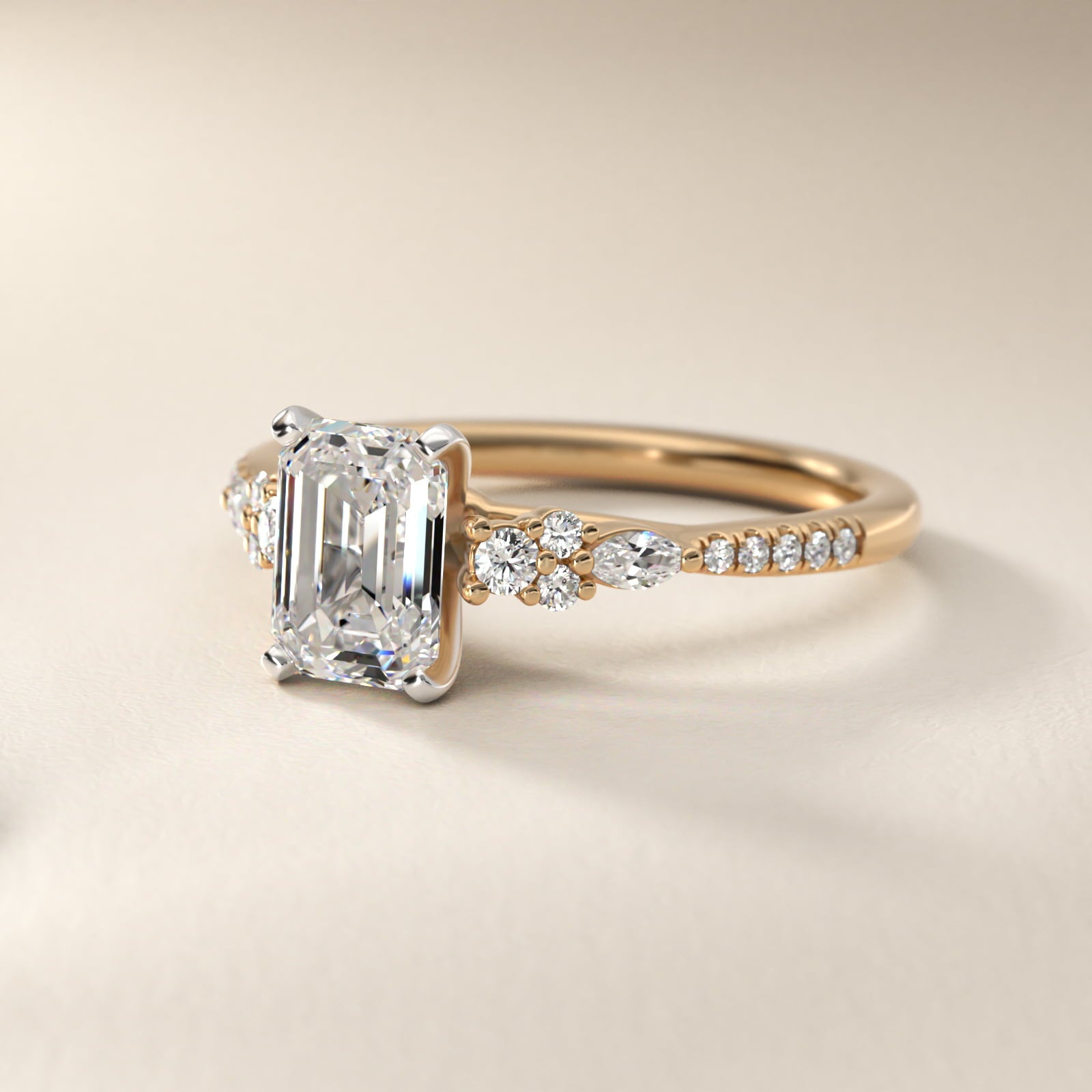 Petite Marquise and Round Diamond Engagement Ring in 14k Yellow Gold - Emerald Center