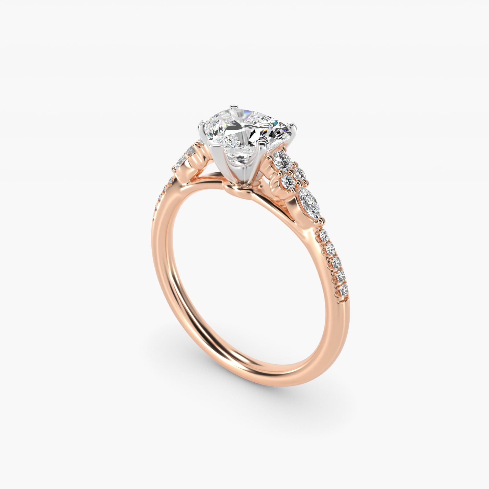 Petite Marquise and Round Diamond Engagement Ring in 14k Rose Gold - Heart Center