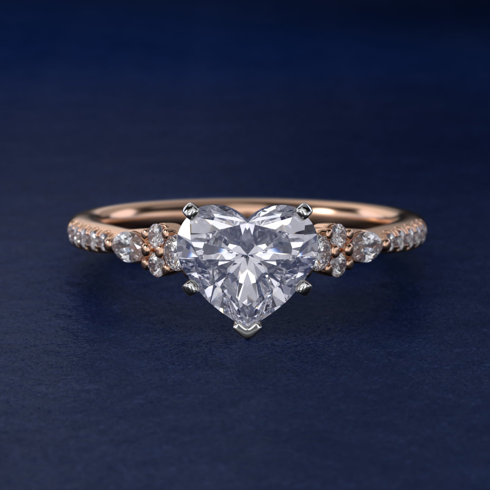 Petite Marquise and Round Diamond Engagement Ring in 14k Rose Gold - Heart Center