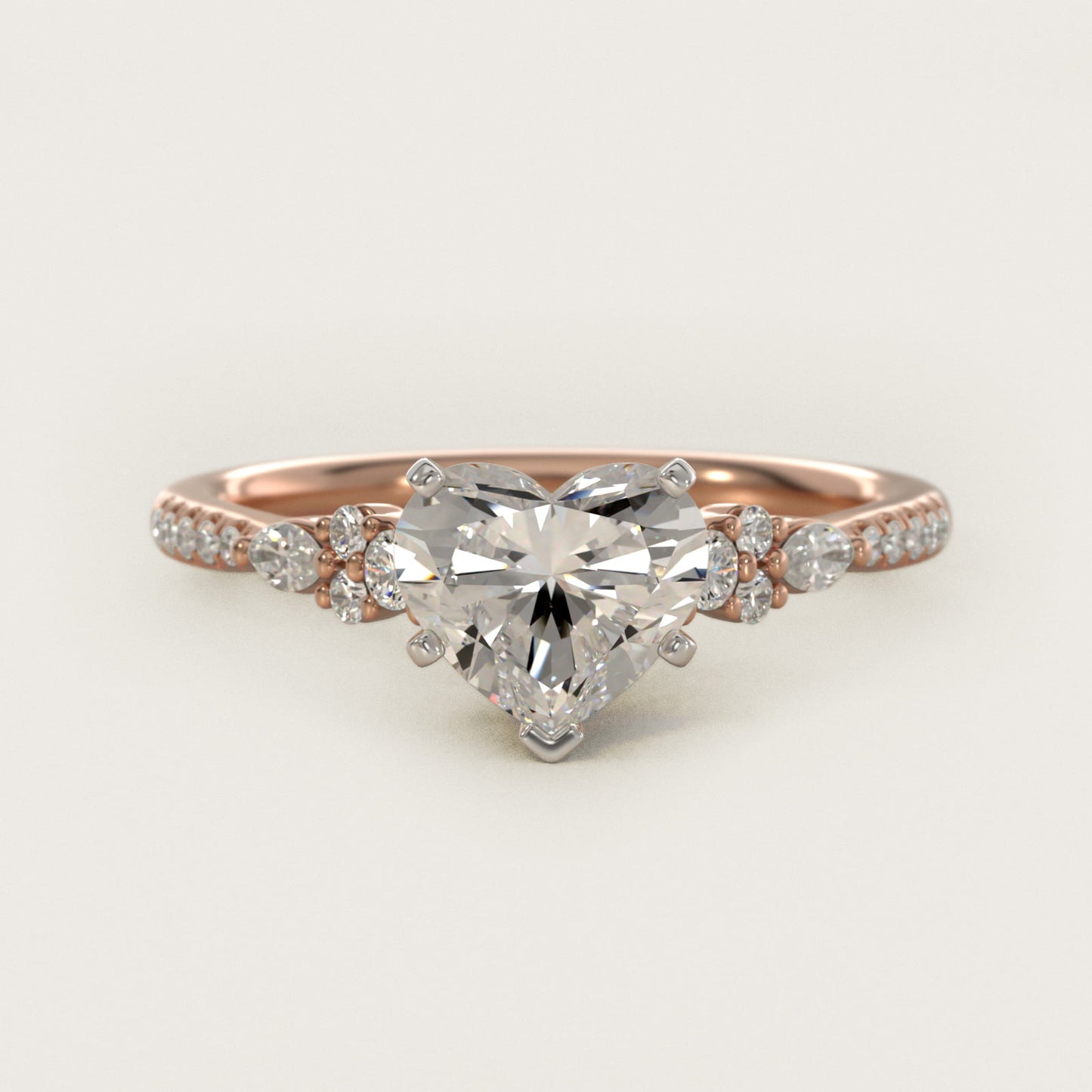 Petite Marquise and Round Diamond Engagement Ring in 14k Rose Gold - Heart Center