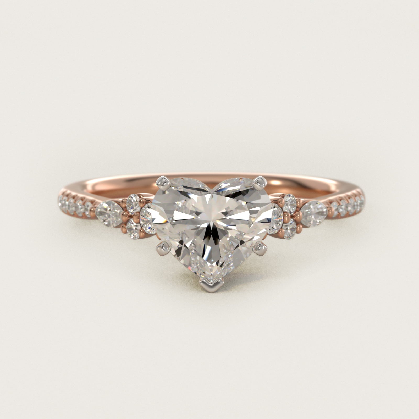 Petite Marquise and Round Diamond Engagement Ring in 14k Rose Gold - Heart Center