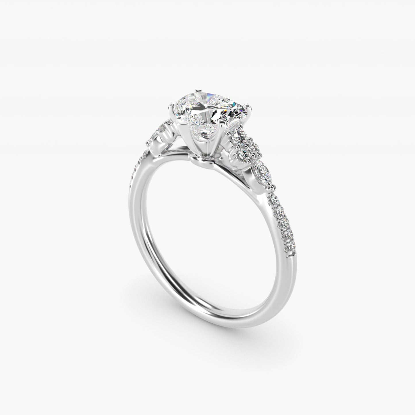 Petite Marquise and Round Diamond Engagement Ring in 14k White Gold - Heart Center