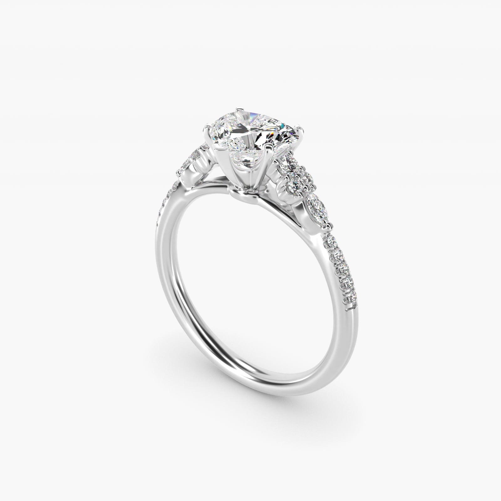 Petite Marquise and Round Diamond Engagement Ring in 14k White Gold - Heart Center