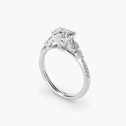 Petite Marquise and Round Diamond Engagement Ring in 14k White Gold - Heart Center
