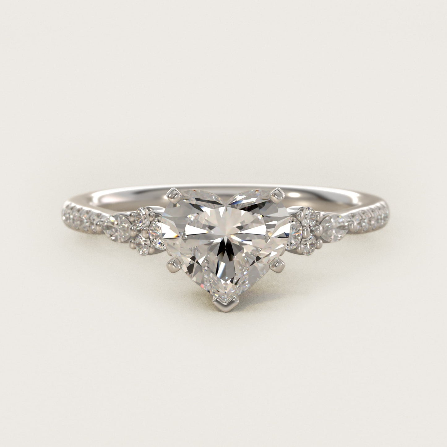 Petite Marquise and Round Diamond Engagement Ring in 14k White Gold - Heart Center