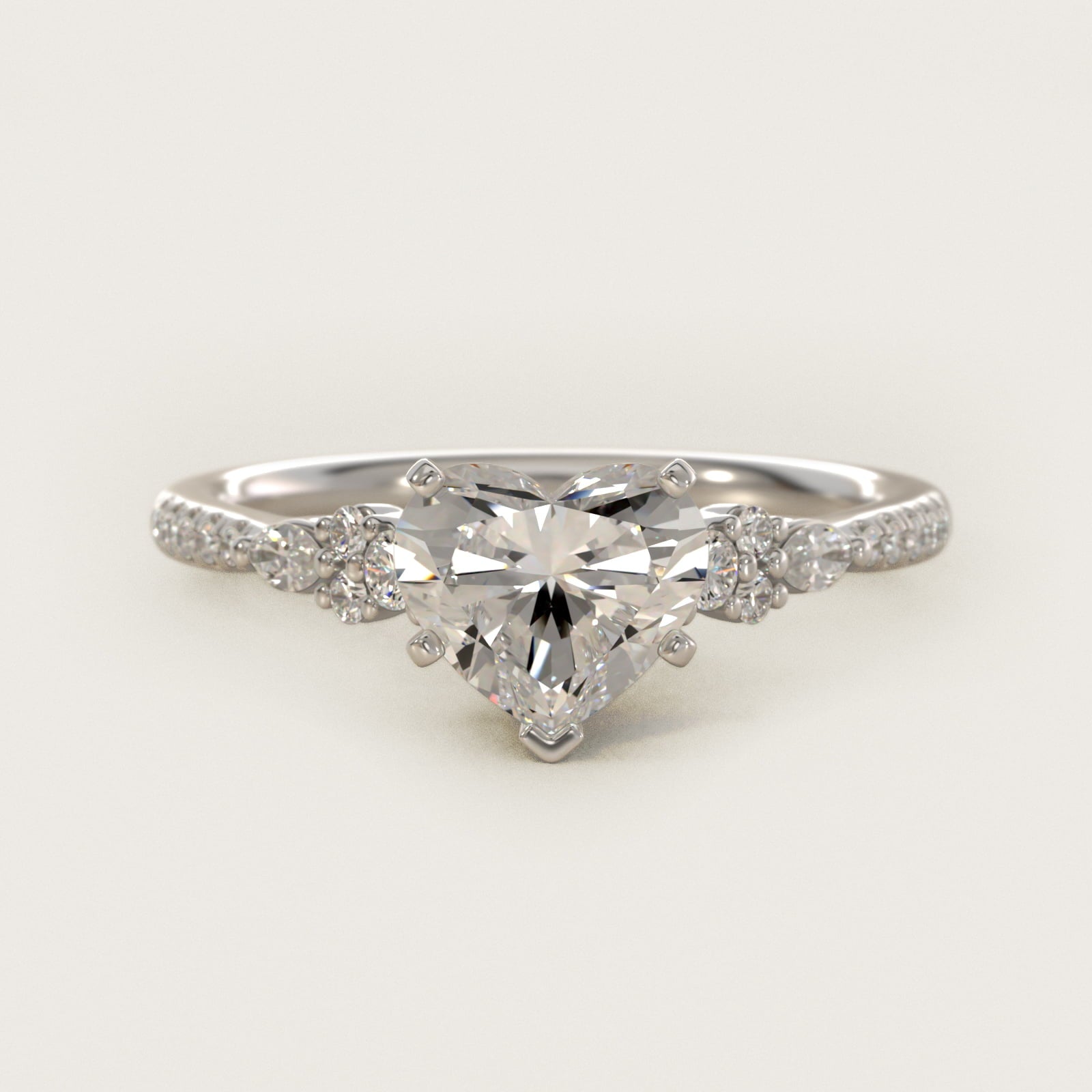 Petite Marquise and Round Diamond Engagement Ring in 18k White Gold - Heart Center