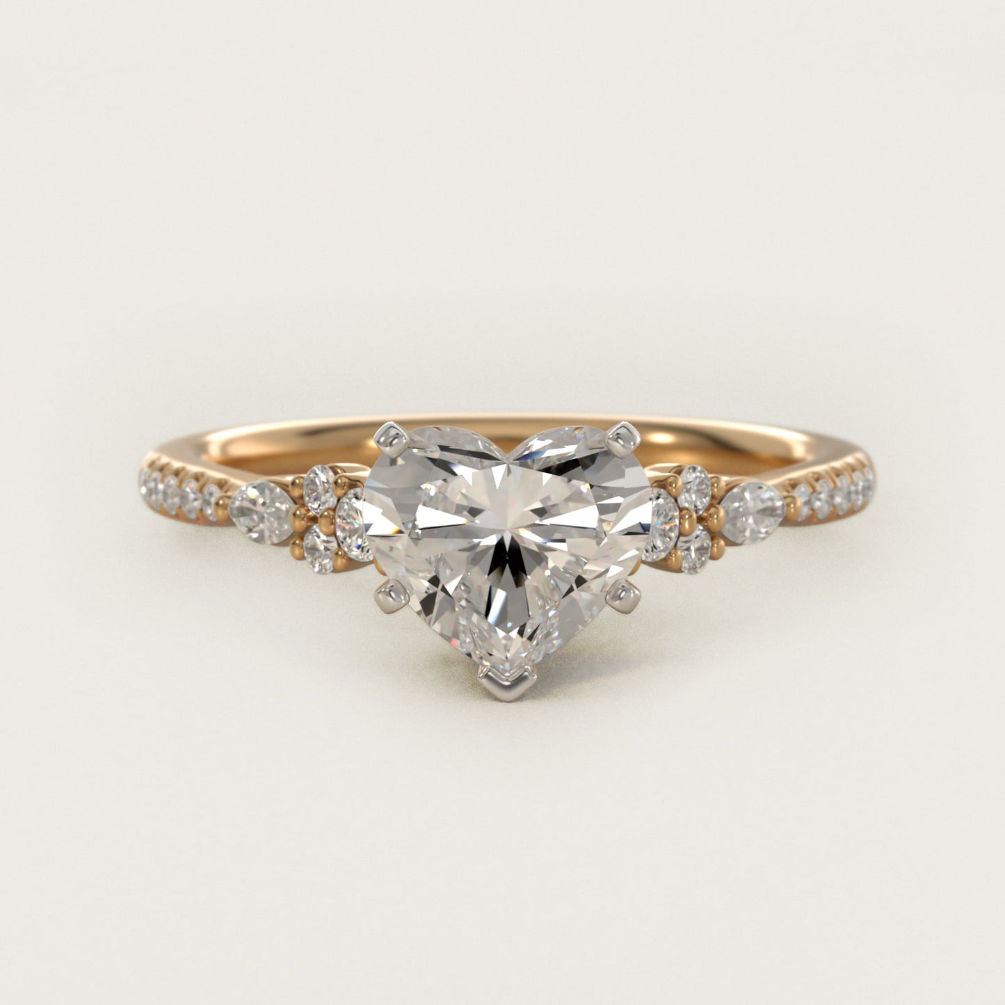 Petite Marquise and Round Diamond Engagement Ring in 14k Yellow Gold - Heart Center