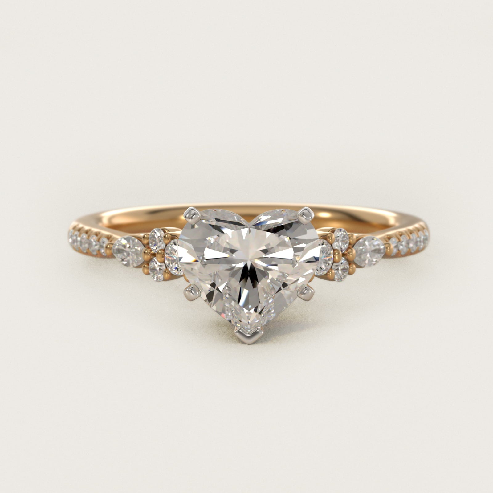 Petite Marquise and Round Diamond Engagement Ring in 14k Yellow Gold - Heart Center