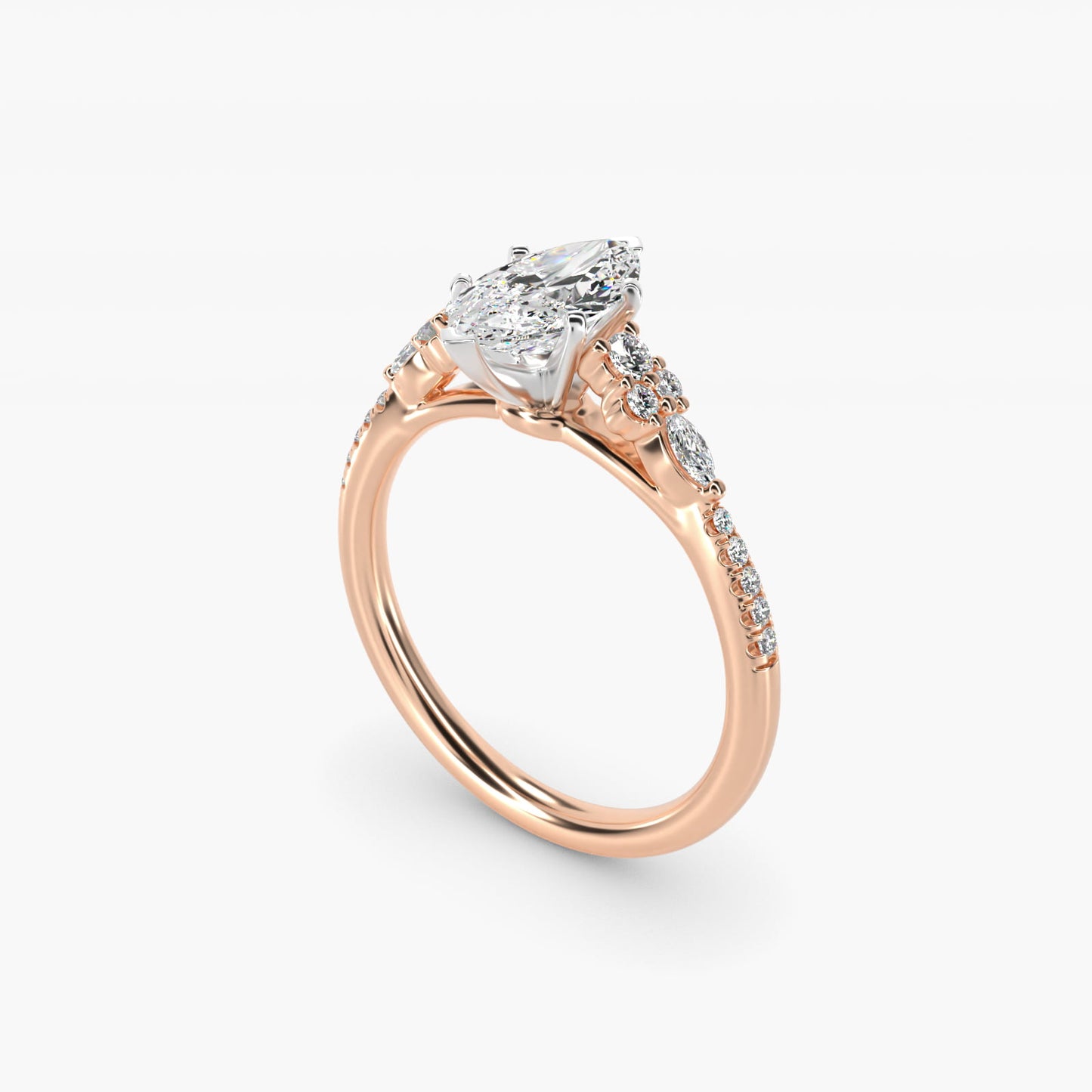 Petite Marquise and Round Diamond Engagement Ring in 14k Rose Gold - Marquise Center