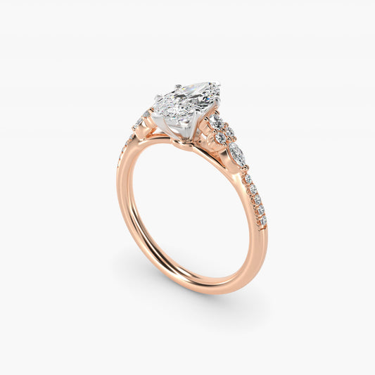 Petite Marquise and Round Diamond Engagement Ring in 14k Rose Gold - Marquise Center
