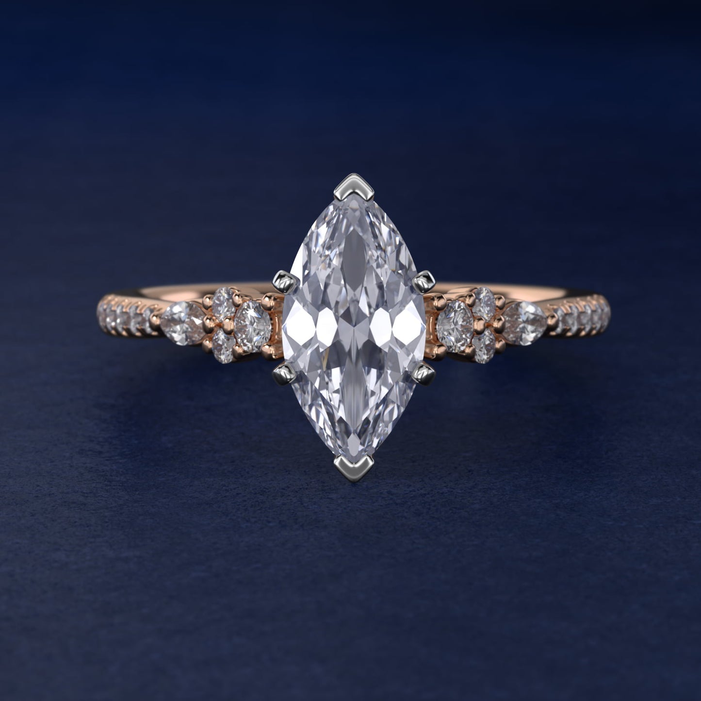 Petite Marquise and Round Diamond Engagement Ring in 14k Rose Gold - Marquise Center