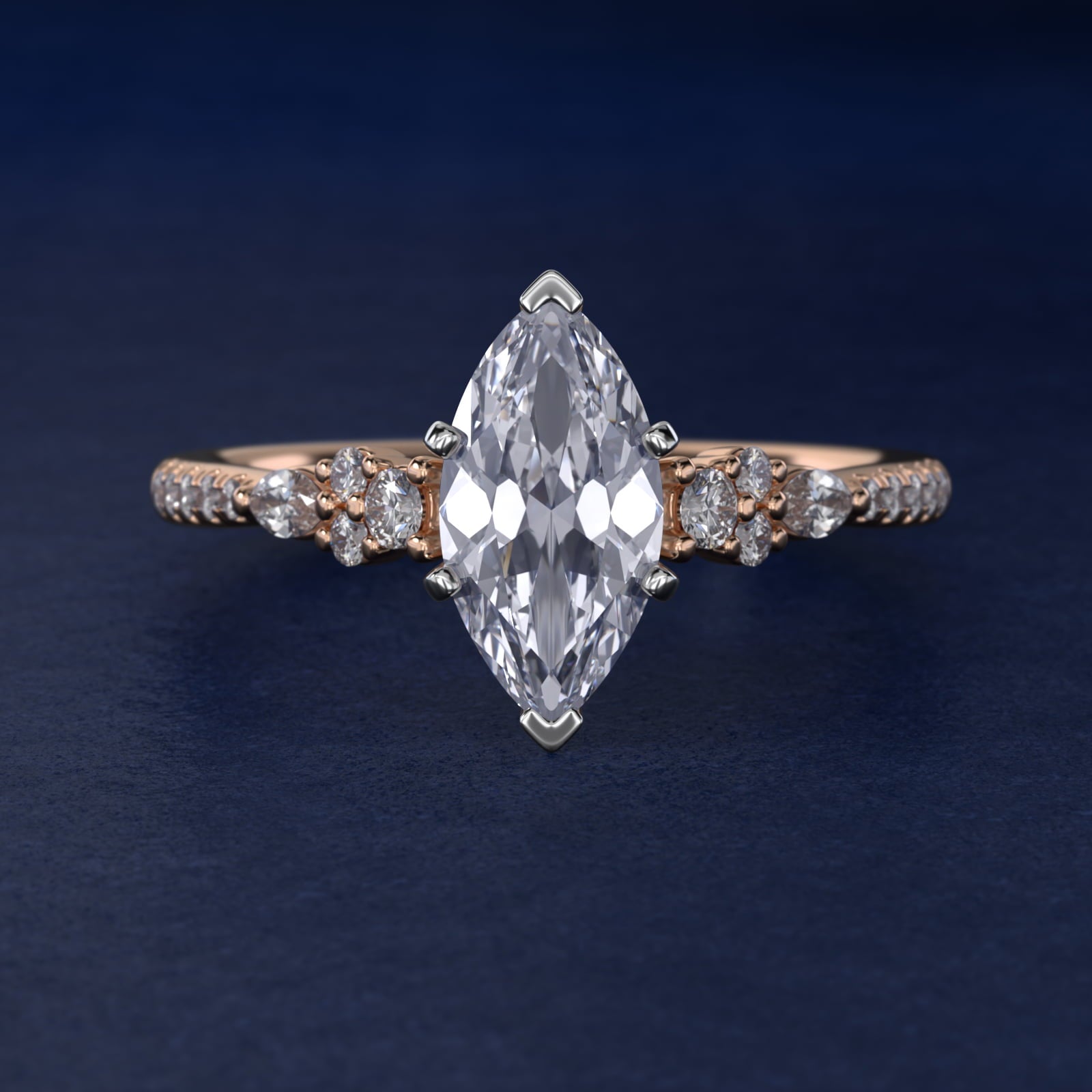 Petite Marquise and Round Diamond Engagement Ring in 14k Rose Gold - Marquise Center