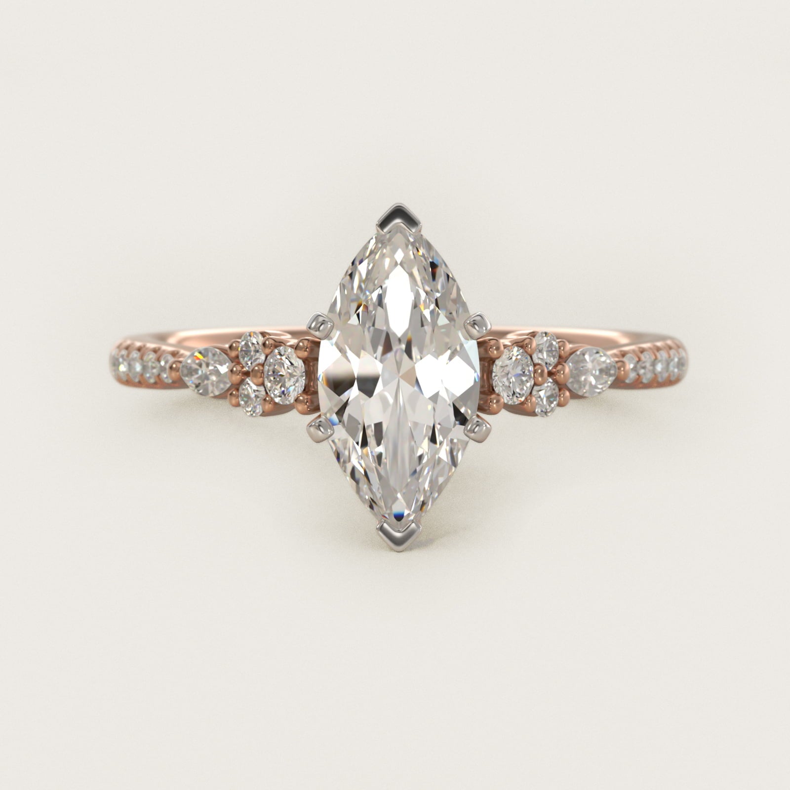 Petite Marquise and Round Diamond Engagement Ring in 14k Rose Gold - Marquise Center